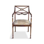 A GEORGE III REEDED MAHOGANY OPEN ARMCHAIR with Wedgewood plaque