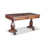 A WILLIAM IV MAHOGANY RECTANGULAR LIBRARY TABLE, the top crossbanded and having a thumb moulded