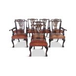 A GOOD SET OF EIGHT MAHOGANY CHIPPENDALE STYLE DINING CHAIRS, 19th Century, with original hide