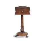 A WILLIAM IV ROSEWOOD TEA-POY, c. 1830, of sarcophagus shape, with fitted interior, on octagonal