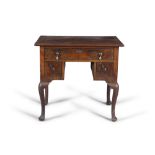 A GEORGE II STYLE INLAID WALNUT RECTANGULAR LOWBOY, the crossbanded top with moulded rim above a