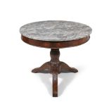 A FRENCH CHARLES X MAHOGANY MARBLE TOP CIRCULAR TABLE, the mottled marble top with reeded border,