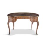 A KINGWOOD AND PARQUETRY WRITING DESK, 19th century, of kidney shaped design and with brass gallery,