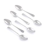 A SET OF FIVE GEORGE III IRISH SILVER PLAIN TAPER HANDLE RAT-TAIL SOUP SPOONS OR TABLE SPOONS,