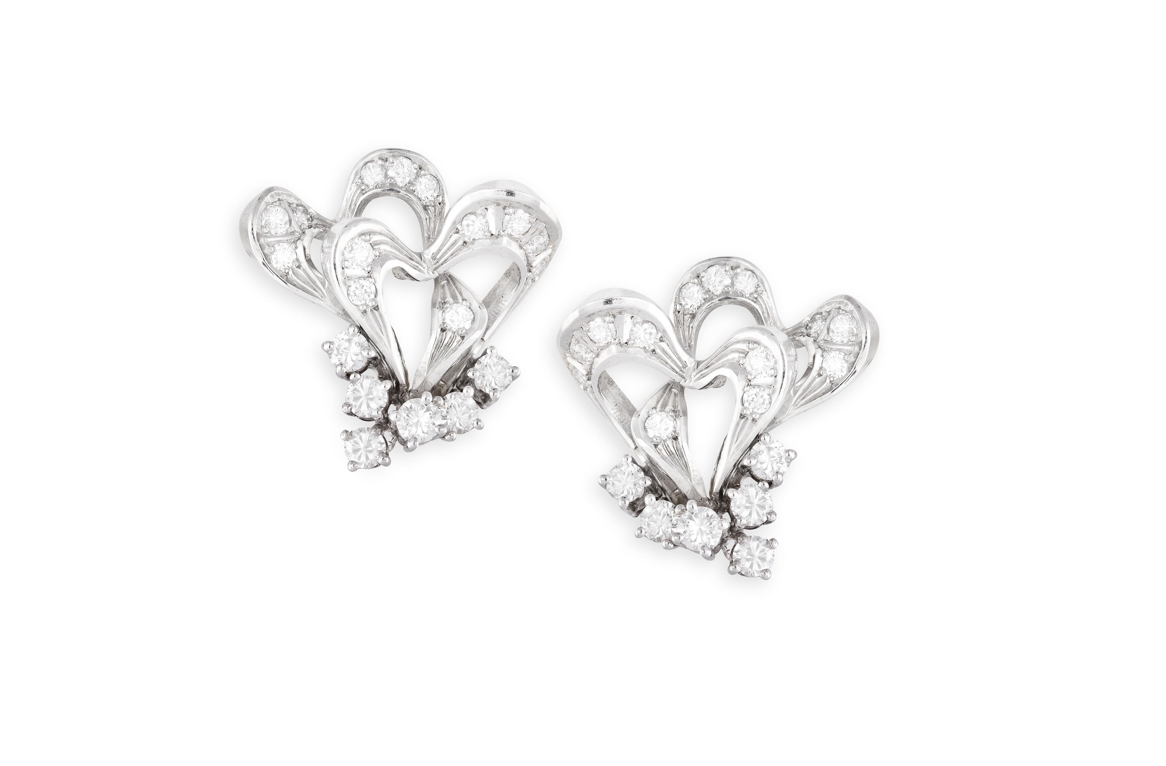 A PAIR OF DIAMOND EARRINGS, each of openwork scroll design, set throughout with round brilliant-