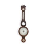 A 19TH CENTURY INLAID MAHOGANY CASED BANJO BAROMETER, with engraved steel dial, Yeates & Son,