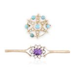 A BAR BROOCH, set at the centre with an oval-shaped amethyst within a surround of round brilliant-