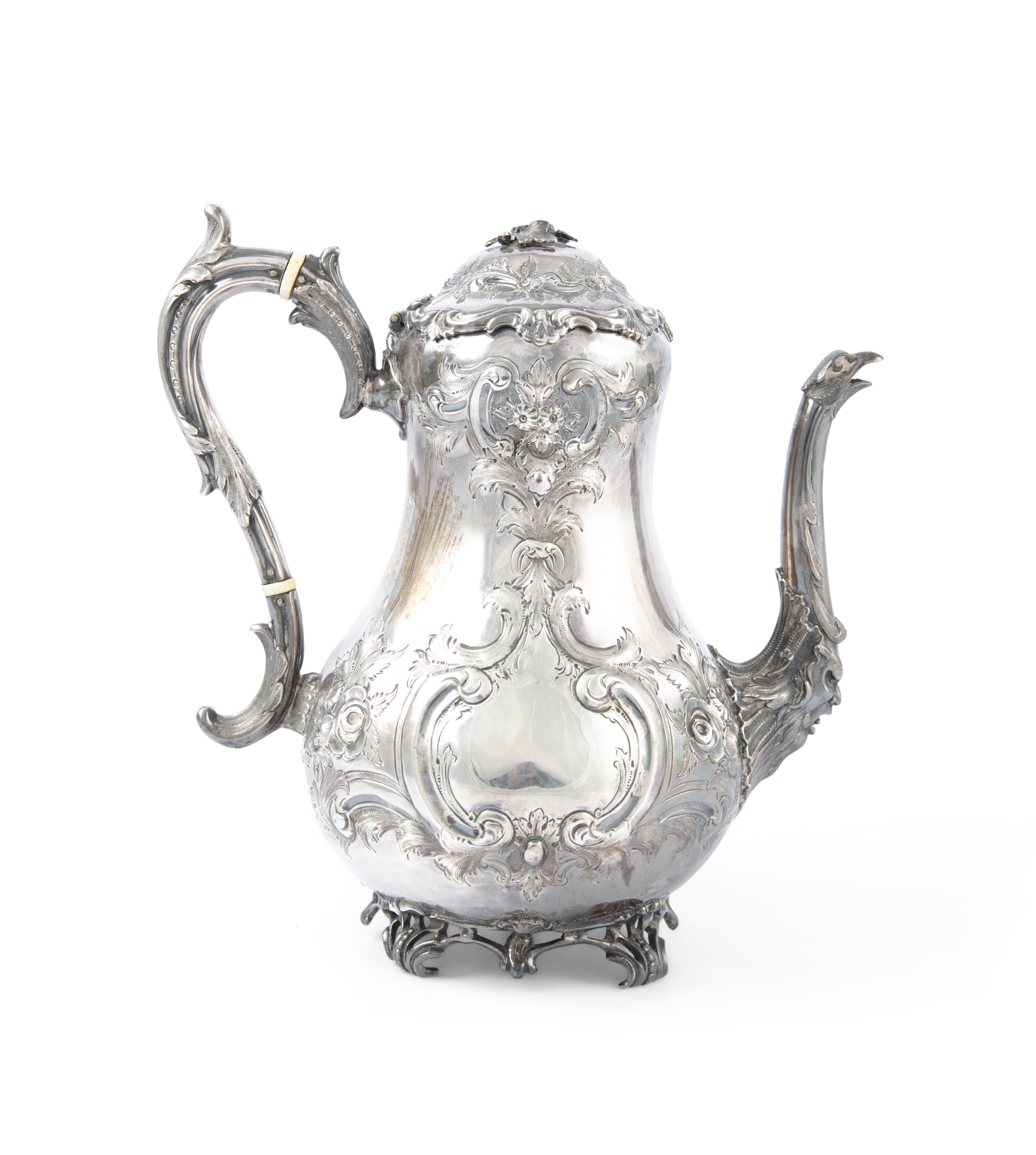 A VICTORIAN BRITANNIA STANDARD SILVER COFFEE POT, London 1876, mark of Martin Hall & Co., of