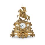 A FRENCH CAST BRASS CASED FIGURAL MANTLE CLOCK, 19th Century, surmounted with a crusader on
