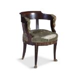 AN EMPIRE MAHOGANY FRAMED TUB CHAIR, the curved crest terminating in cast swan neck and head arms