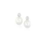 A PAIR OF CULTURED PEARL AND DIAMOND PENDENT EARRINGS, each pearl set with a round brilliant-cut