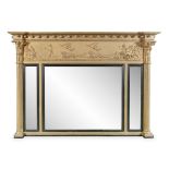 A GILTWOOD COMPARTMENTED OVERMANTLE MIRROR, of rectangular form, with three plain glass plates,
