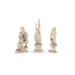 A GROUP OF THREE JAPANESE IVORY OKIMONOS, comprising of a street vendor with child, modelled holding