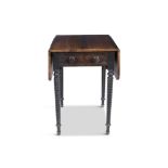 A GEORGE IV ROSEWOOD RECTANGULAR PEMBROKE TABLE, the double drop leaf top with brass stringing above