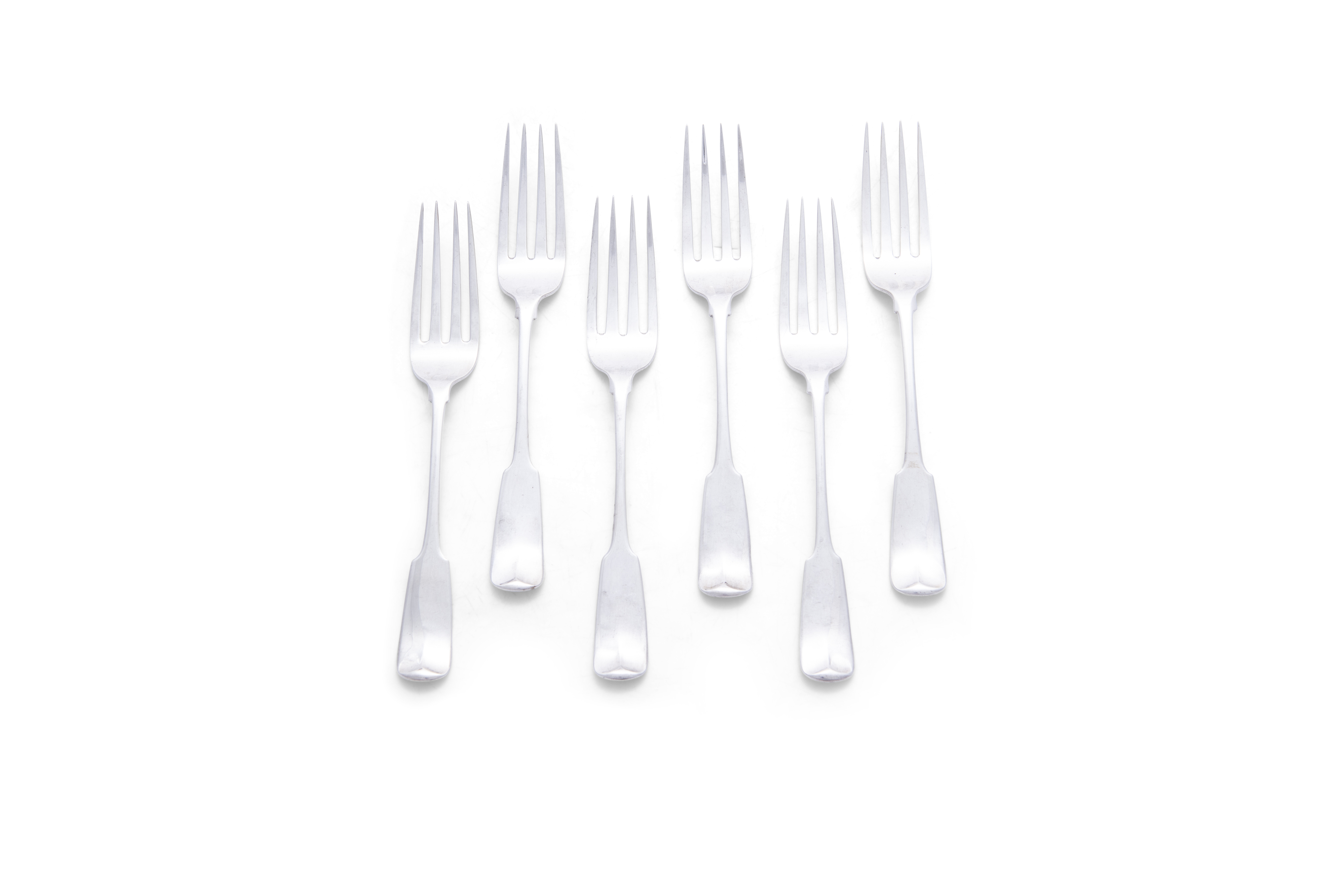 A SET OF SIX GEORGE IV IRISH SILVER FIDDLE PATTERN DESSERT FORKS, Dublin c.1825 (c.6 troy ozs) (6)