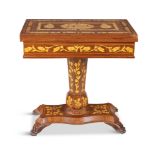A CONTINENTAL AND MARQUETRY INLAID FOLD TOP GAMES TABLE, the hinged rectangular top with baize lined