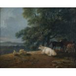 George Barret RA (1730-1884)Horses, Sheep and a Cow in LandscapeOil on panel, 13.5 x 16.75cm (5.25 x