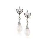 A PAIR OF LATE 19TH CENTURY NATURAL PEARL AND DIAMOND PENDENT EARRINGS, CIRCA 1870The pearl drops of
