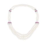 A CULTURED PEARL, RUBY AND DIAMOND NECKLACEComposed of three rows of graduated cultured pearls at