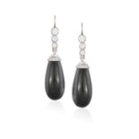 A PAIR OF ONYX AND DIAMOND PENDANT EARRINGS, FIRST QUARTER OF THE CENTURYEach onyx drop