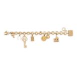 A GOLD CHARM BRACELETThe disc-link bracelet suspending eight gold charms including a kettle, a