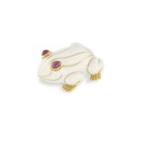 AN ENAMEL AND RUBY FROG BROOCH, BY DAVID WEBBDesigned as a stylised frog with smooth polished body