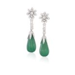 A PAIR OF AGATE AND DIAMOND PENDENT EARRINGS, CIRCA 1955The engraved green agate drops, each with