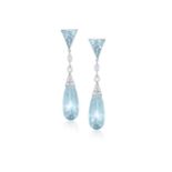 A PAIR OF EARLY 20TH CENTURY AQUAMARINE AND DIAMOND PENDENT EARRINGSEach pear-shaped aquamarine drop