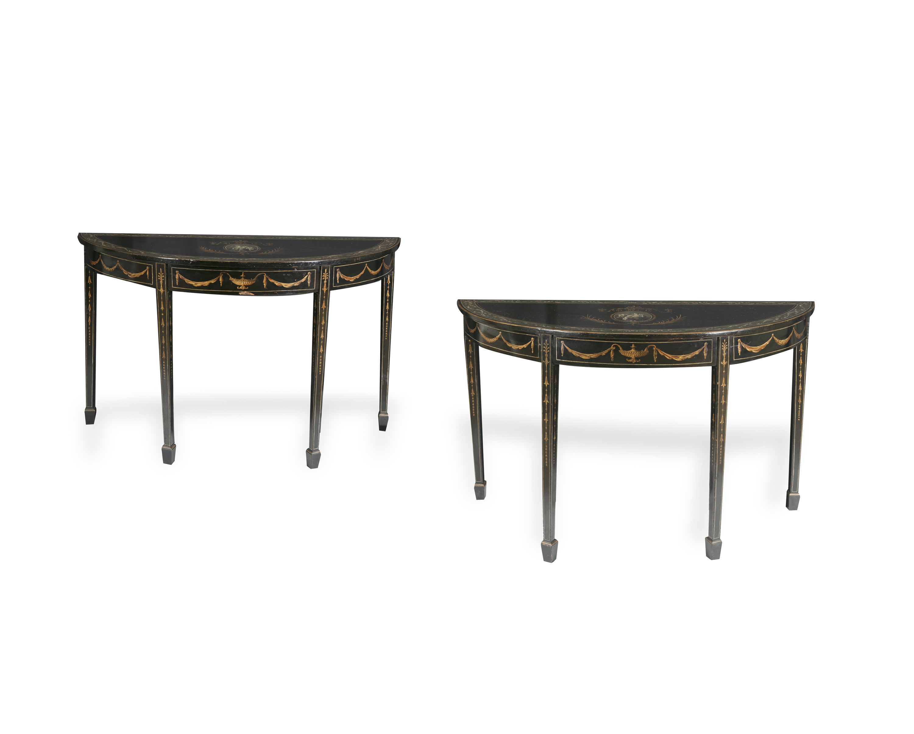 A PAIR OF GEORGE III PAINTED TIMBER SEMI-ELLIPTICAL SIDE TABLES, each decorated with trailing floral