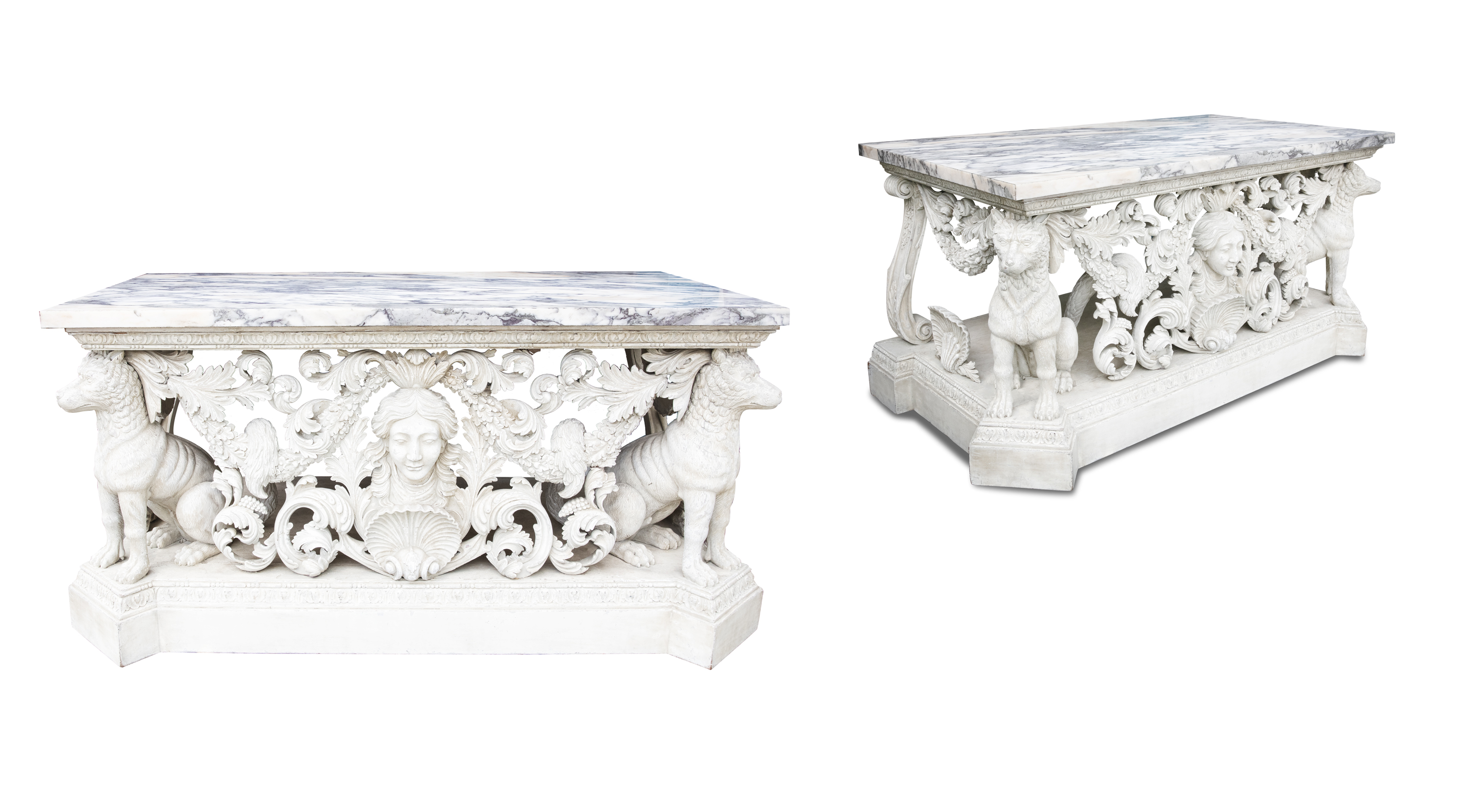 AN IMPRESSIVE PAIR OF GEORGE II STYLE CARVED PAINTED SIDE TABLES (20TH CENTURY), based on the - Image 3 of 7