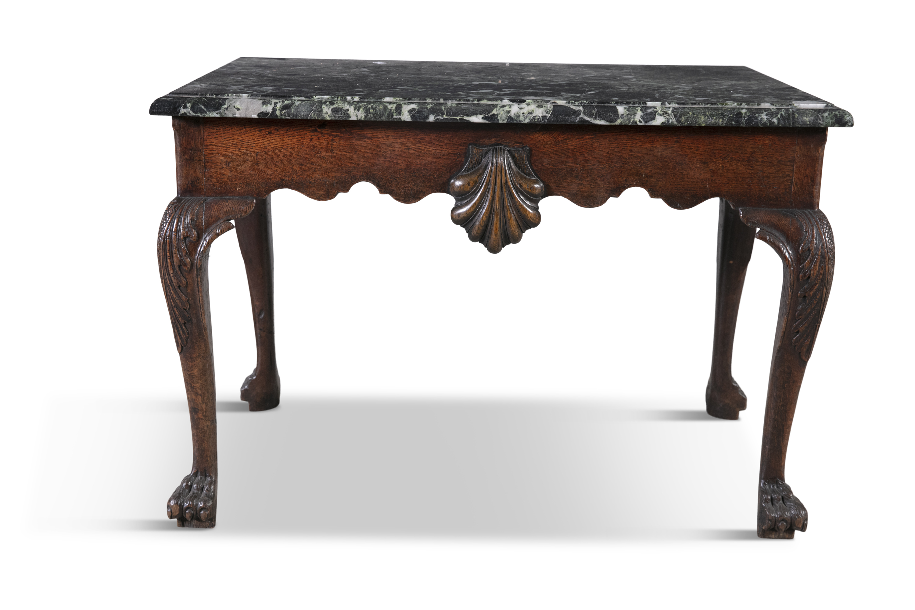 AN IRISH EARLY GEORGE III OAK SIDE TABLE, the green marble top with thumb moulded rim above a