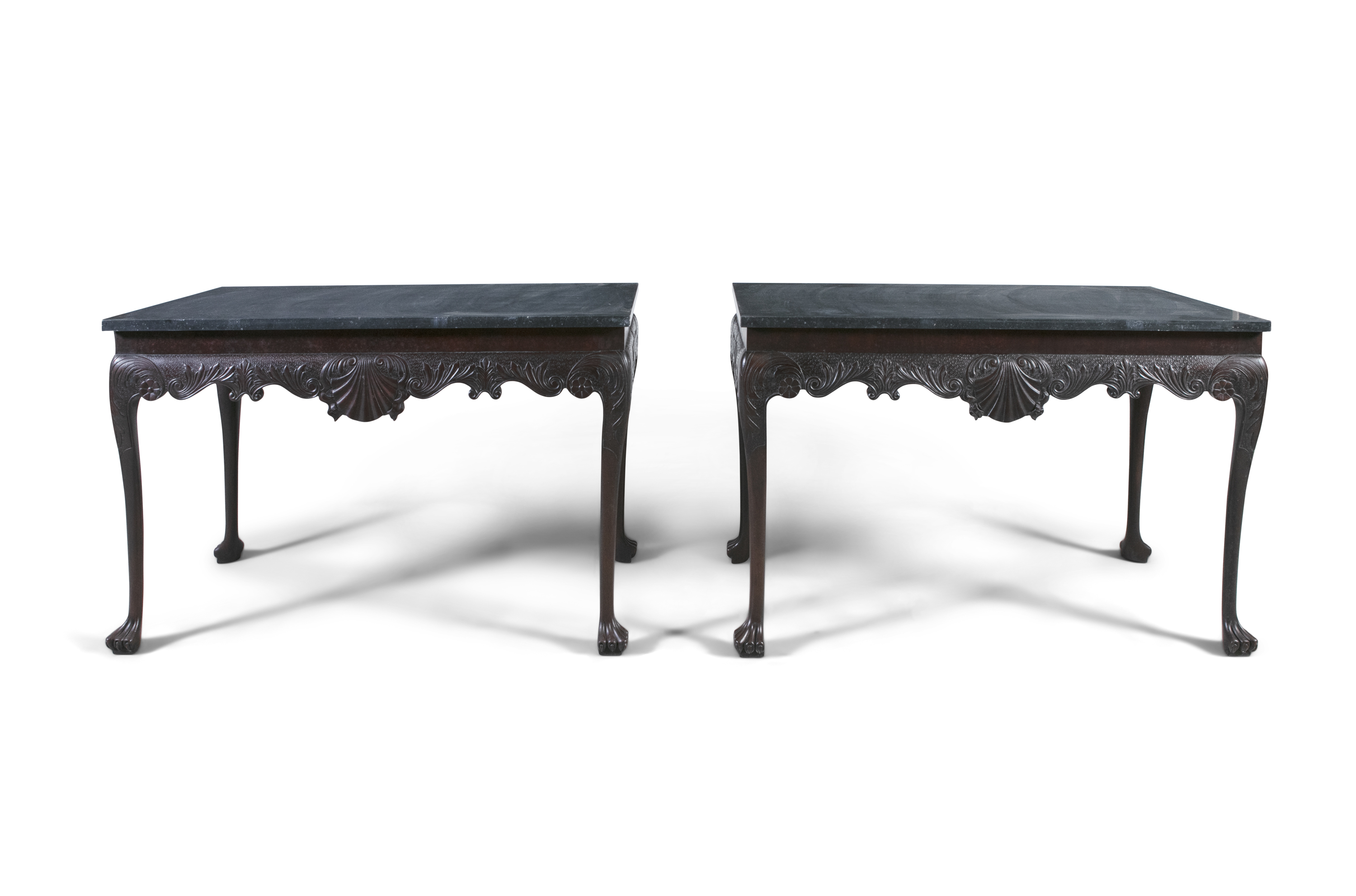 A PAIR OF IRISH GEORGE III STYLE MAHOGANY SIDE TABLES, carved by David Lennon, 20th century, the