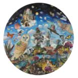 Gavin Lavelle (b.1969)Landscape with OwlMixed media on board, 60cm diameter Signed, inscribed and