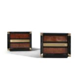 A pair of walnut bedside lockers, with brass detailing. 50 x 58 x 39cm.