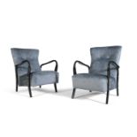 A pair of 1960s grey upholstered armchairs, Italy. 81 x 62 x 73cm