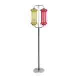 A 1950s floor lamp, with coloured handblown glass shades, with brass detailing, Italy. 174cm high