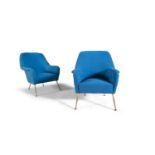 A pair of 1950s blue upholstered armchairs, on brass legs, Italy. 84 X 73 x 83cm.