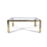 A chrome and brass glass topped coffee table, c.1960, Italy. 42 x 108 x 69cm.