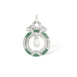 AN EARLY 20TH CENTURY NATURAL PEARL, EMERALD AND DIAMOND PENDANTThe scrolling openwork design, set