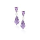 A PAIR OF AMETHYST AND DIAMOND PENDENT EARRINGSEach kite-shaped amethyst set with a central collet-