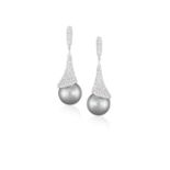 A PAIR OF CULTURED PEARL AND DIAMOND PENDENT EARRINGS, BY SCHOEFFELEach round-shaped Tahitian