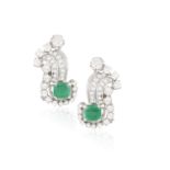 A PAIR OF EMERALD AND DIAMOND EARRINGS, CIRCA 1960Each set with a step-cut emerald beneath a