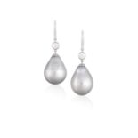 A PAIR OF CULTURED PEARL AND DIAMOND PENDENT EARRINGSEach Tahitian cultured pearl drop of grey tint,