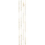 A CULTURED PEARL AND DIAMOND LONG CHAIN NECKLACEComposed of cultured pearls of cream tint, spaced