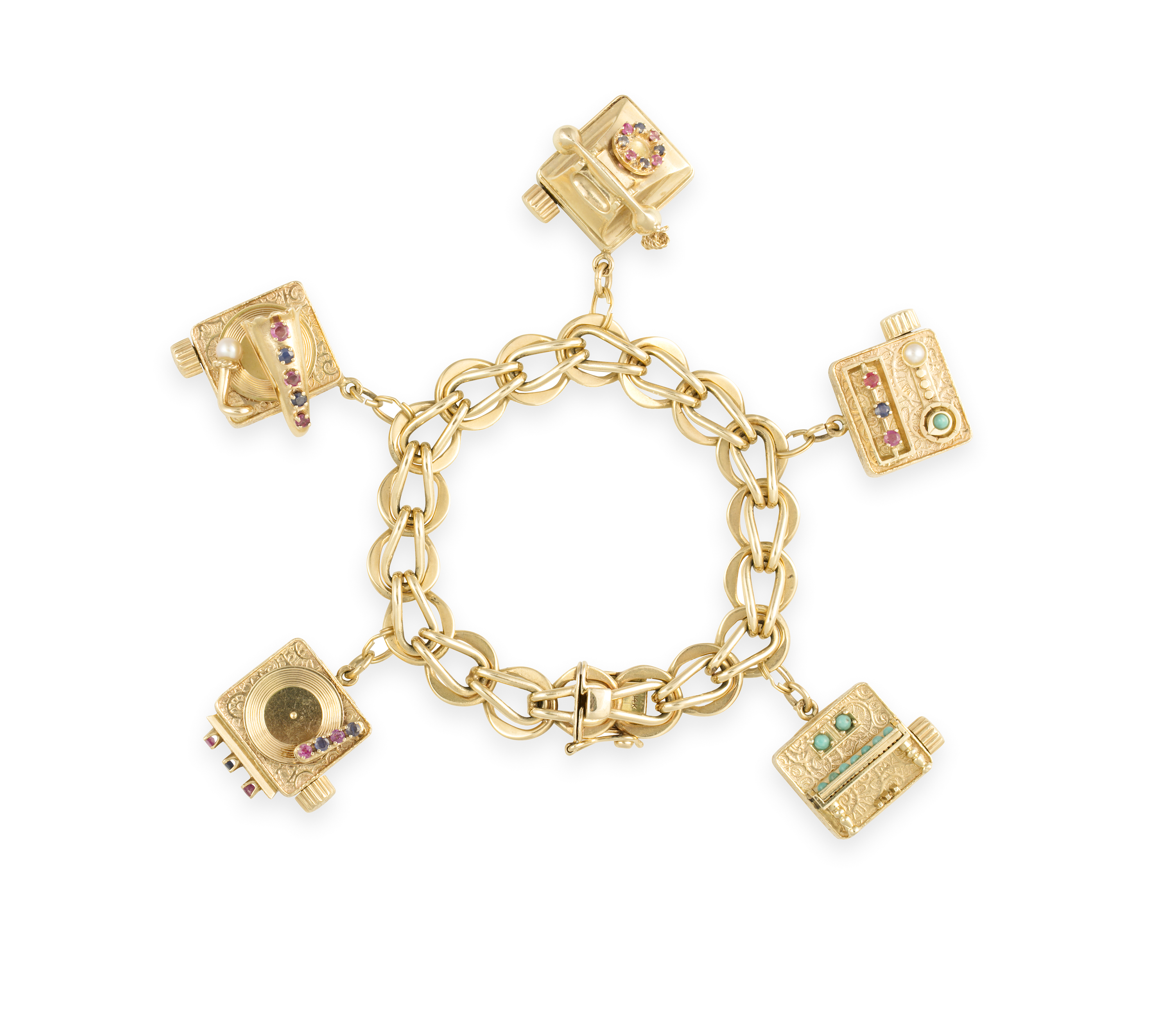 A GEM-SET AND GOLD CHARM BRACELET, CIRCA 1960The fancy-link chain suspending five large charms - Image 2 of 3