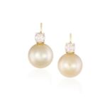 A PAIR OF CULTURED PEARL AND DIAMOND EARRINGSEach round button-shaped South Sea cultured pearl of