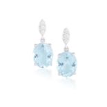 A PAIR OF AQUAMARINE AND DIAMOND EARRINGSEach oval-shaped aquamarine suspending from a trio of