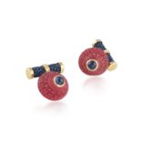 A PAIR OF SHELL, SAPPHIRE AND GOLD CUFFLINKS, BY TRIANONEach strawberry top shells set with a