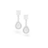 A PAIR OF DIAMOND PENDENT EARRINGSEach pear-shaped diamond within a frame of round brilliant-cut