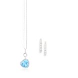 A BLUE TOPAZ AND DIAMOND PENDANT ON CHAIN WITH A PAIR OF DIAMOND HOOP EARRINGSThe pendant set with a